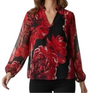 WHITE HOUSE BLACK MARKET Black & Red Floral Insert Tank Blouse Size Large